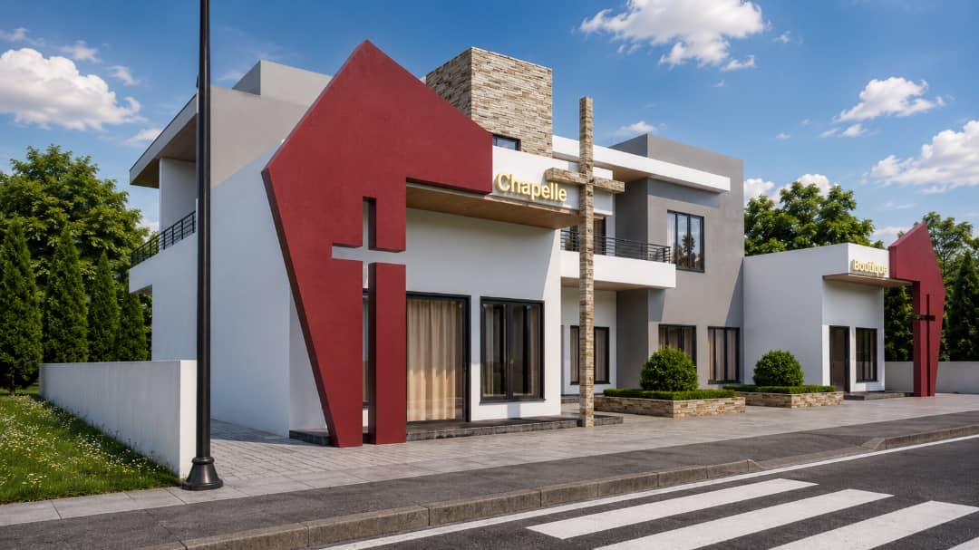 Vue en perspective du futur bâtiment : façade blanche avec chapelle et boutique, grandes croix rouges stylisées et croix en pierre devant l'entrée