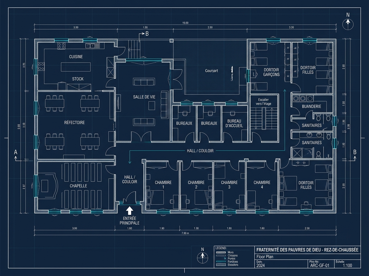 Plan technique du rez-de-chaussée sur fond bleu : chapelle, réfectoire, salle de vie, bureaux, chambres, dortoirs et cour intérieure